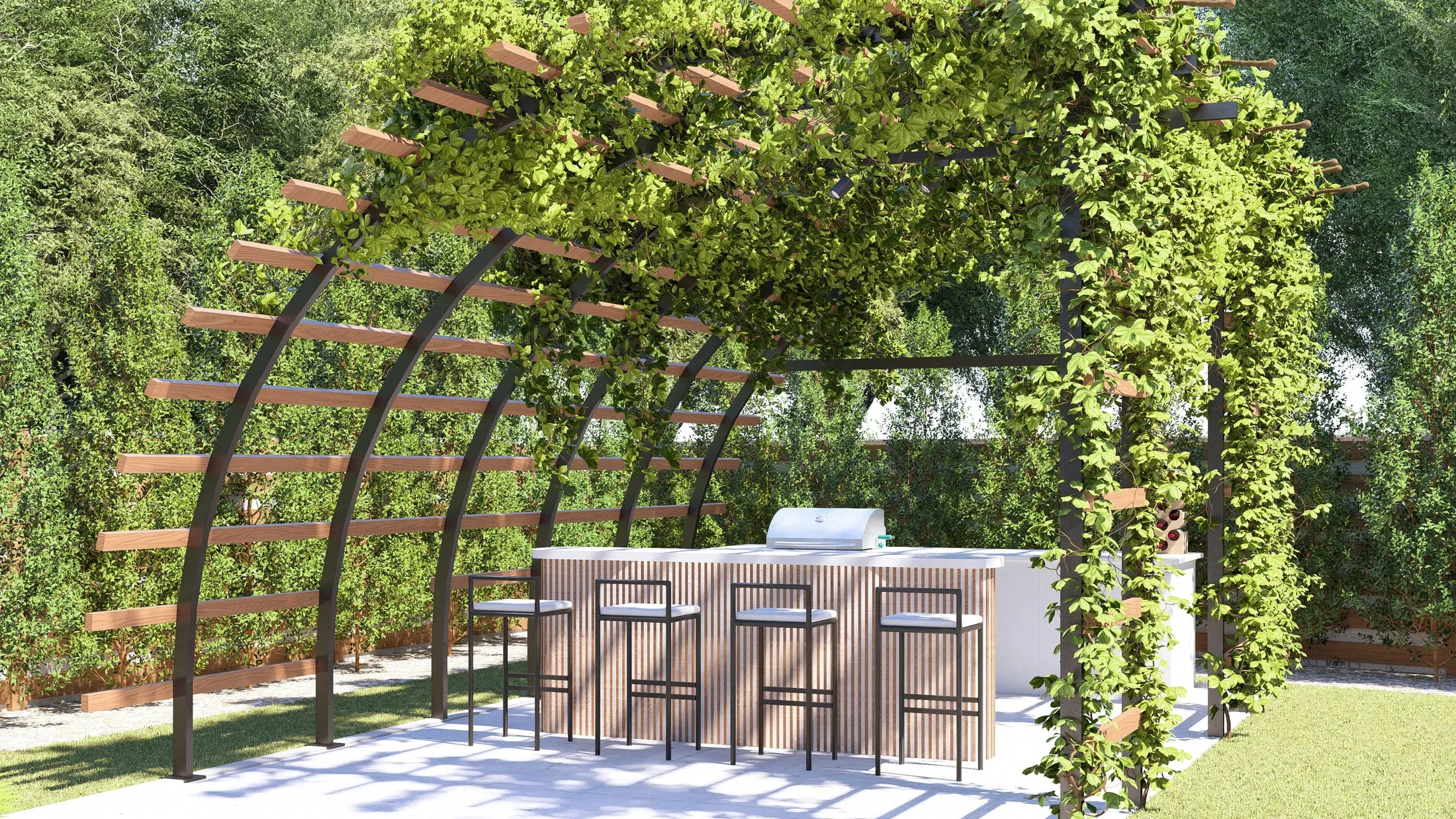 Arched steel and timber pergola with climbing plants over an outdoor bar