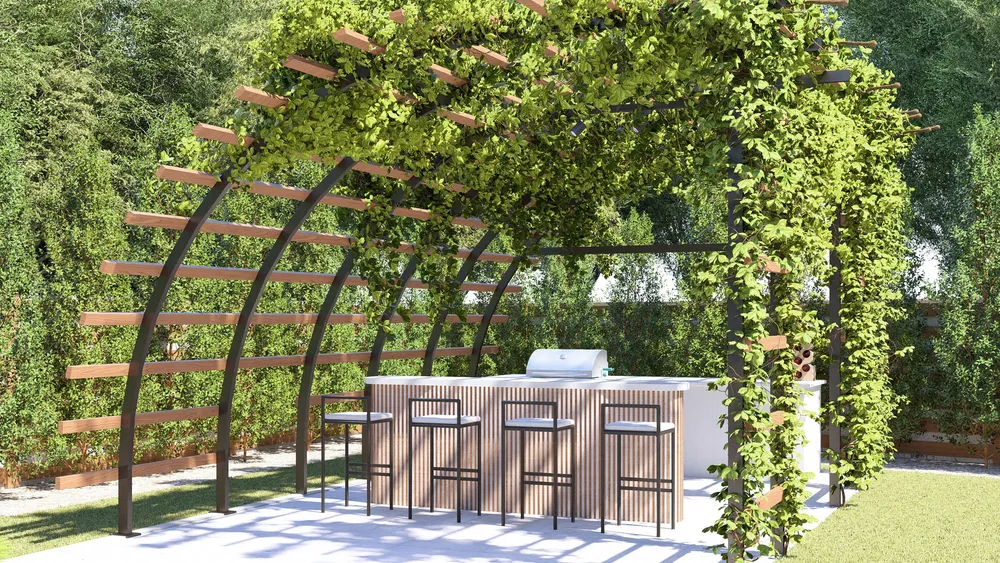 Arched pergola over an outdoor bar