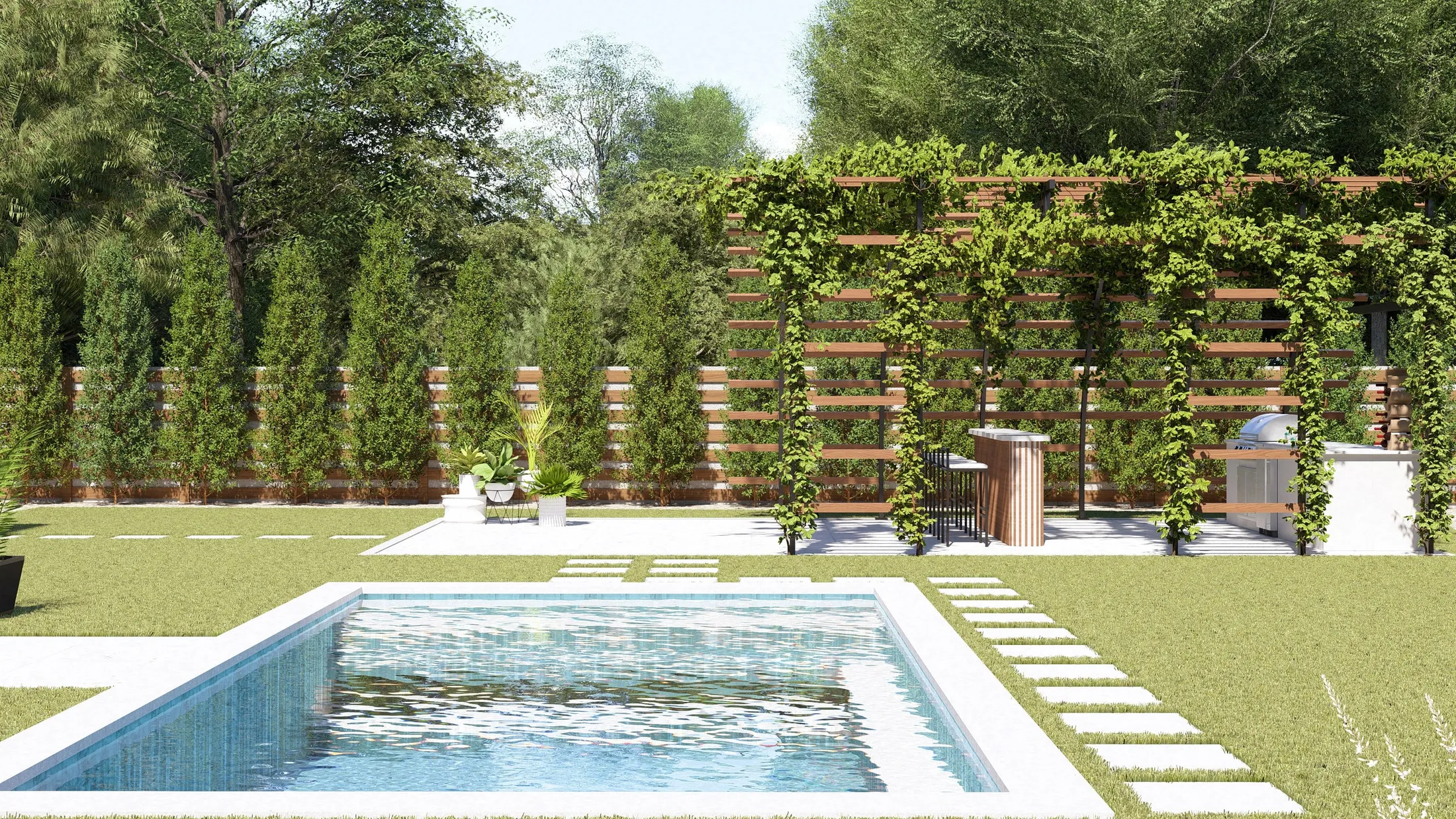 Pool with stepping-stone path and the pergola in the background