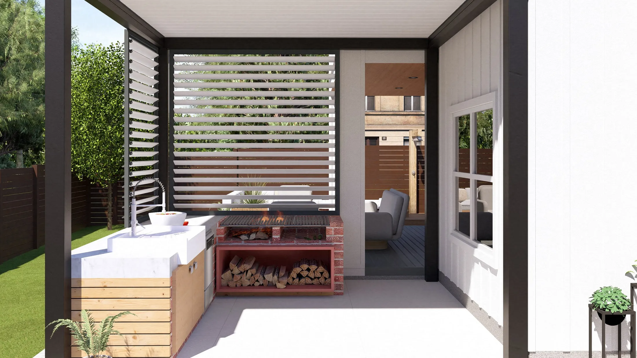Outdoor kitchen with wood-fired brick grill and firewood storage