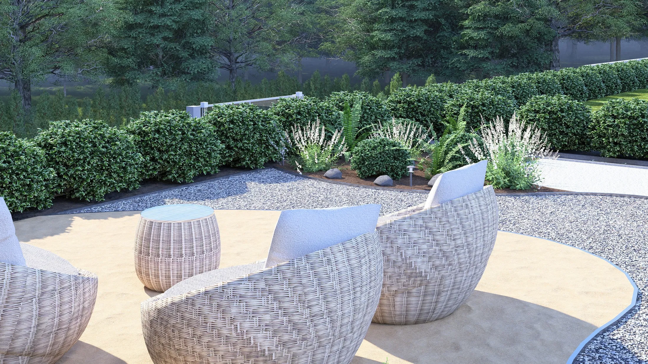Woven pod chairs on a sand-floored lounge
