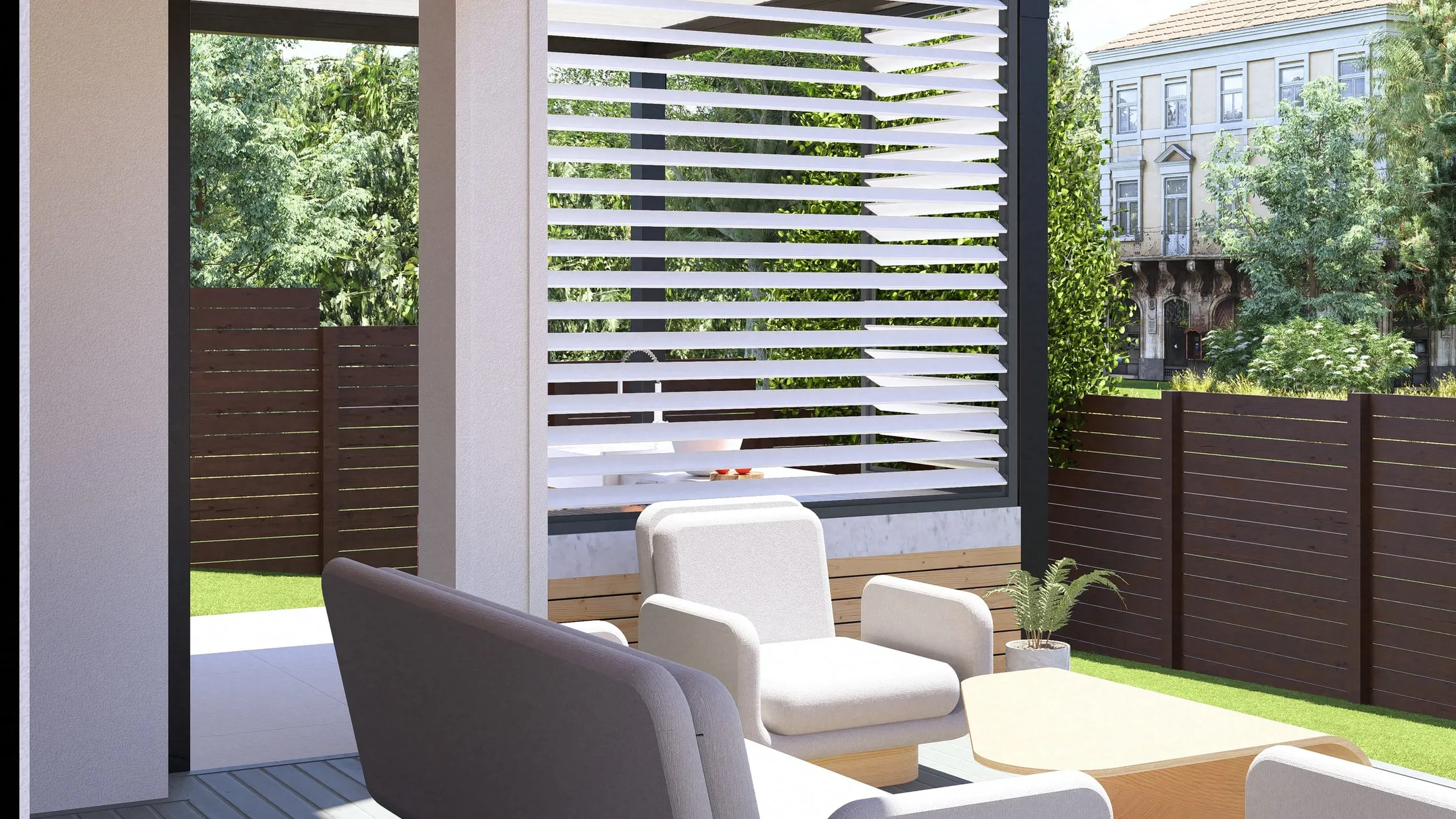 Lounge seen through the white louvred privacy screen