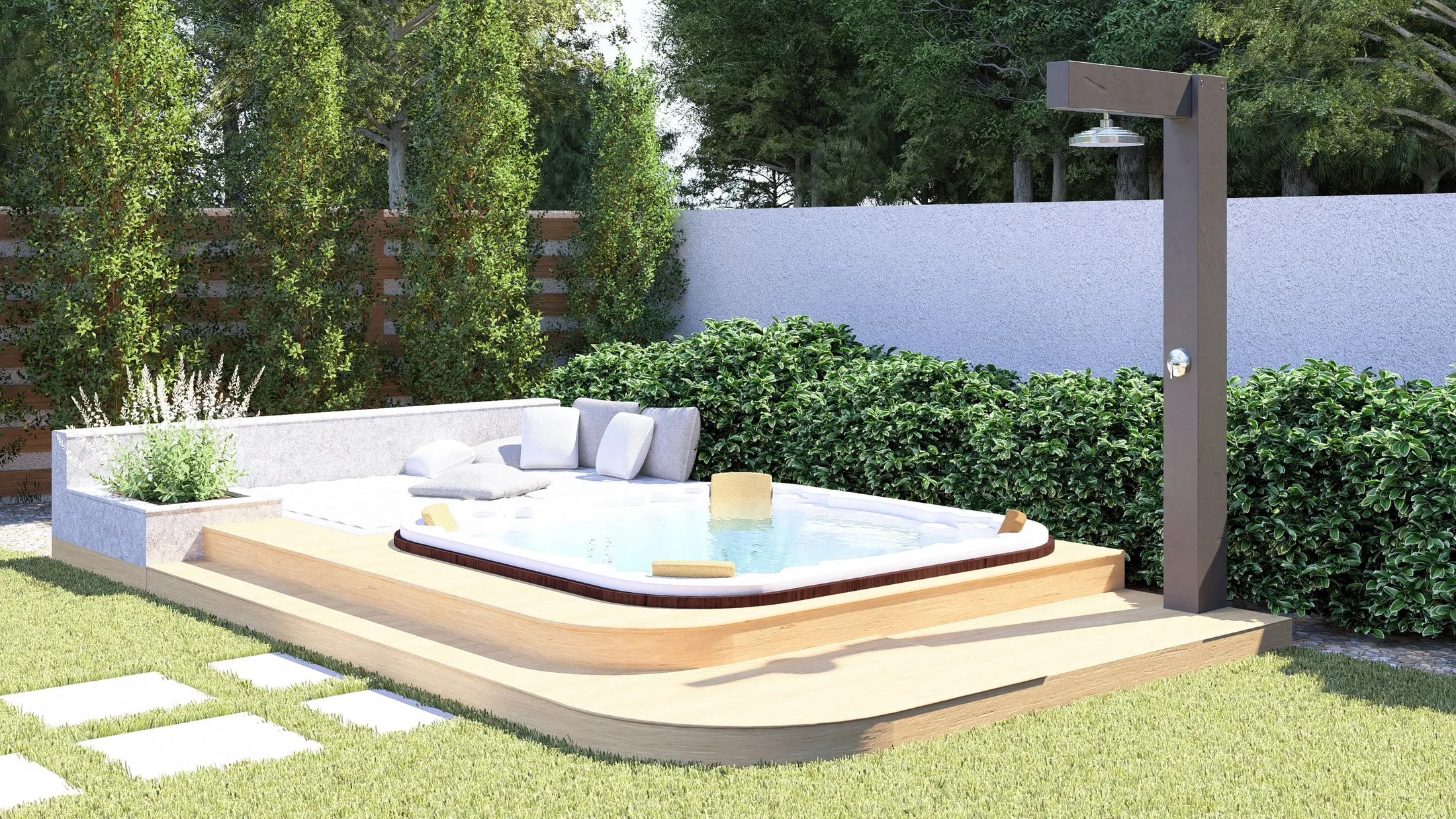 Hot tub on a curved timber deck with outdoor shower
