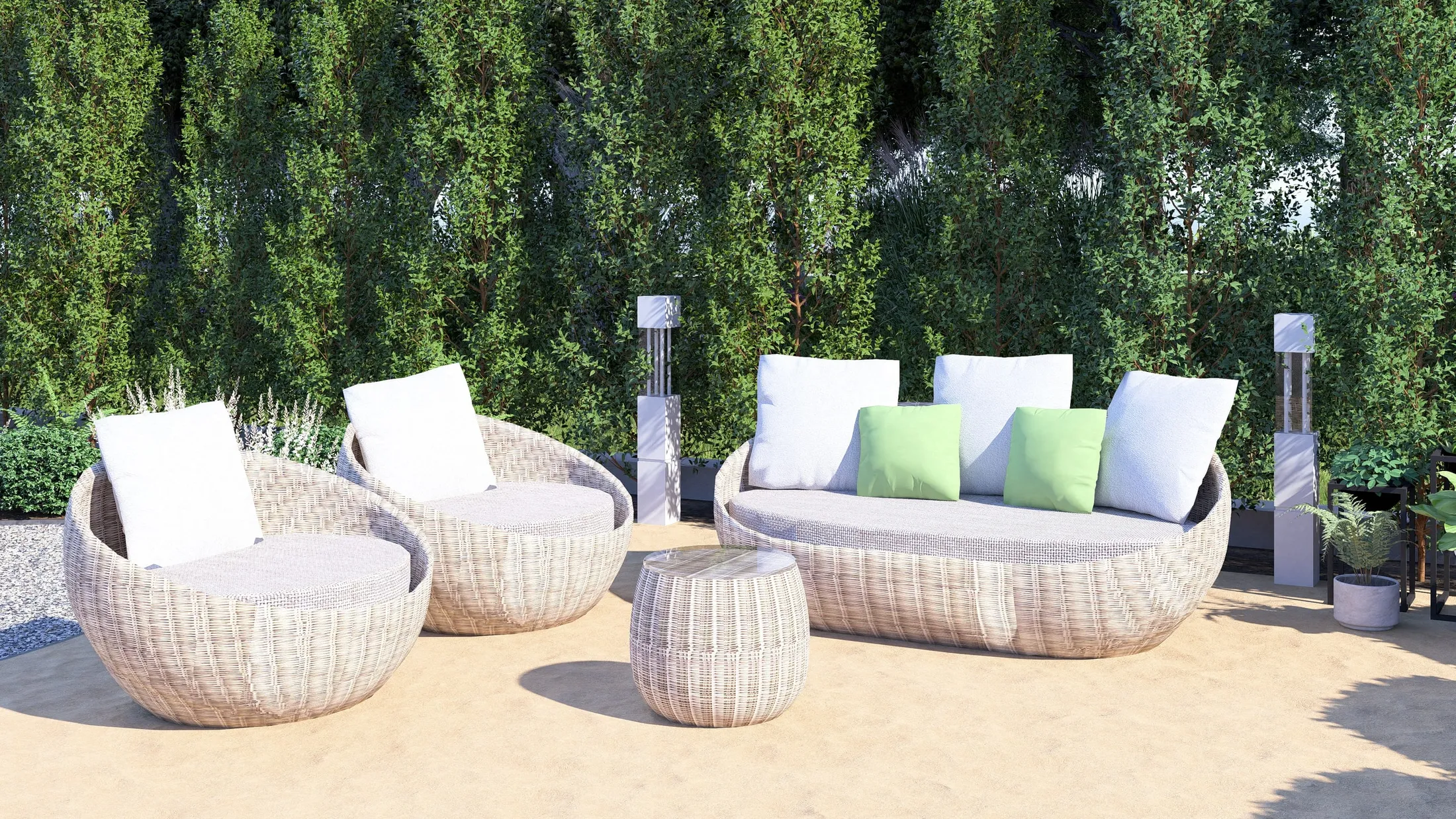 Lounge with woven sofa and armchairs in front of an evergreen hedge