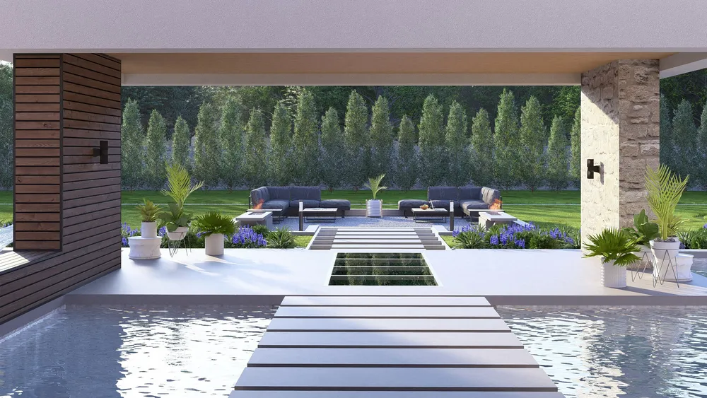 Pool axis with stepping stones leading to a lounge