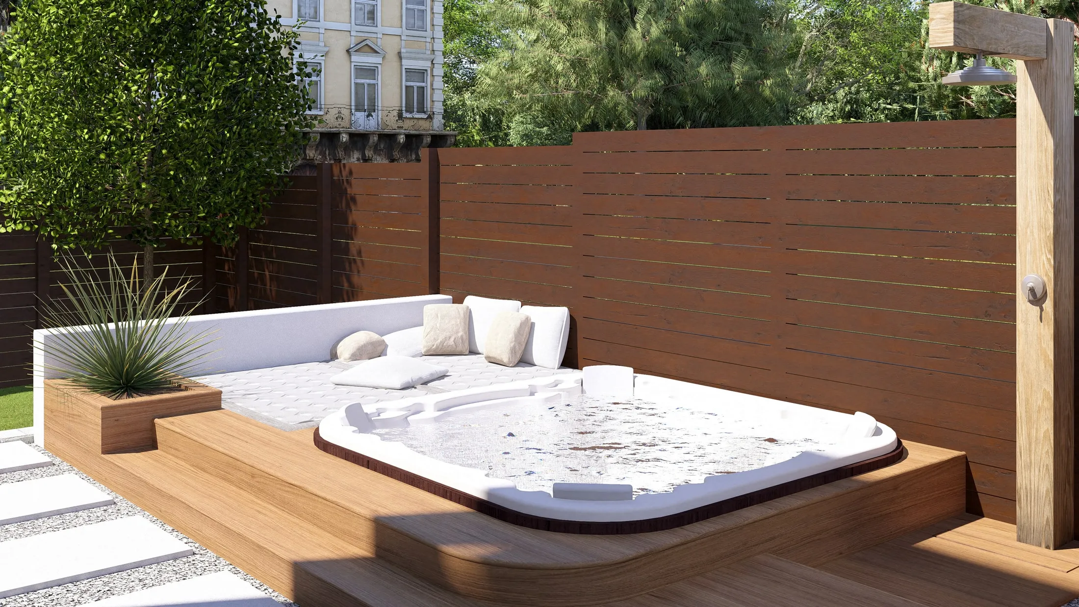 Sunken hot tub on a raised timber deck with outdoor shower