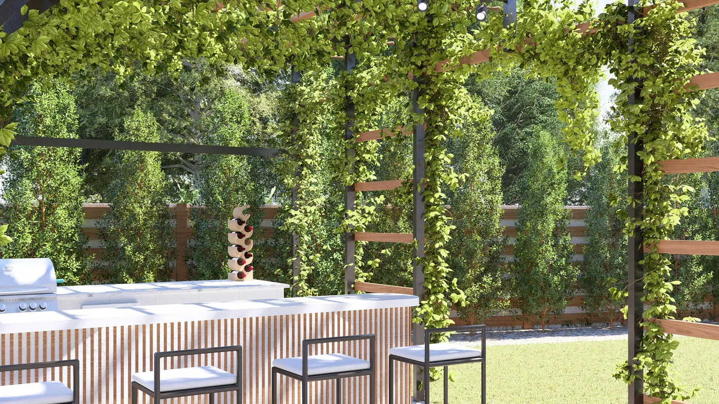 Outdoor bar under a pergola with climbing plants