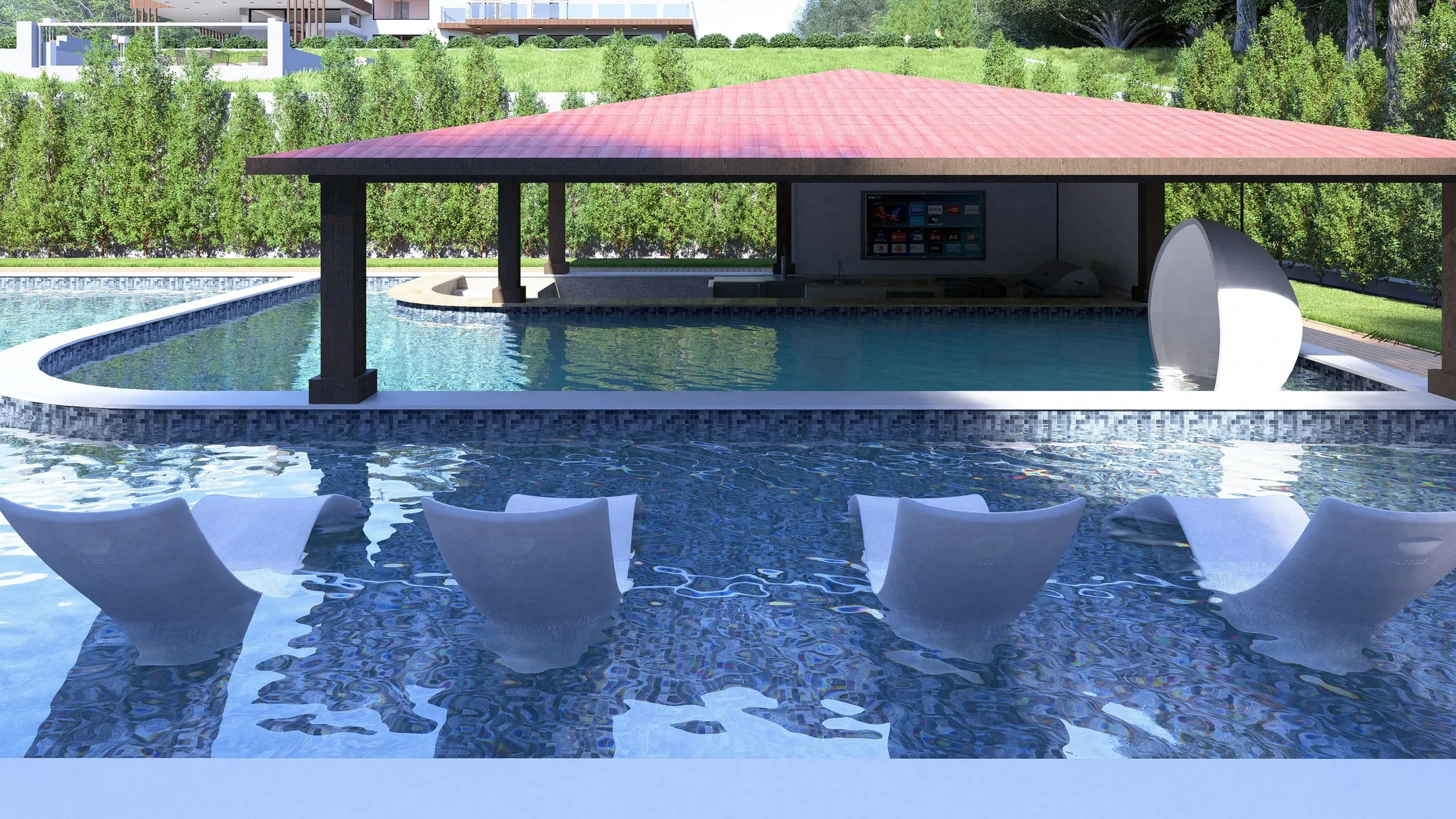 Pool with in-water loungers and a swim-up pavilion bar