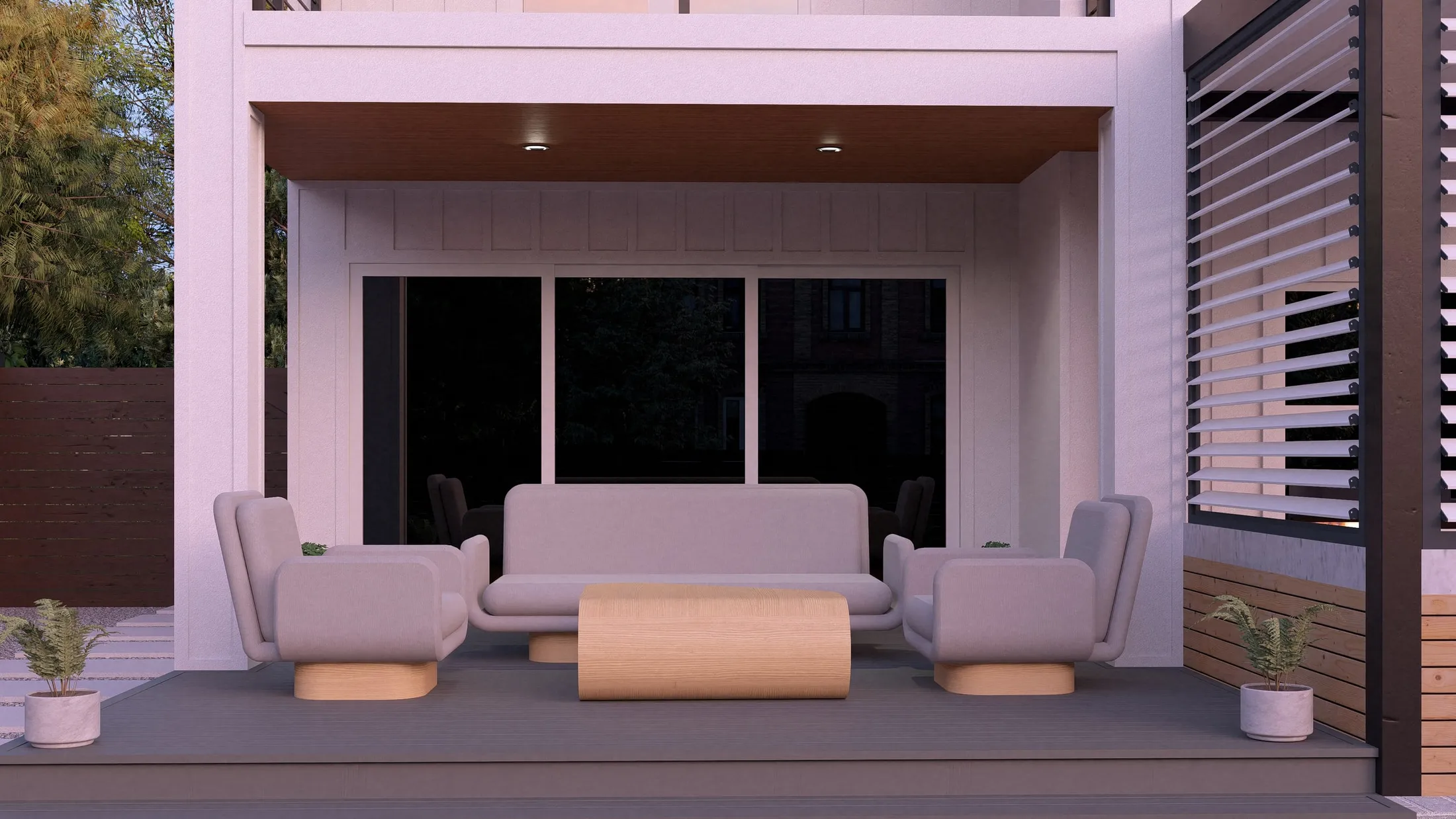 Covered lounge at dusk with warm ceiling lights