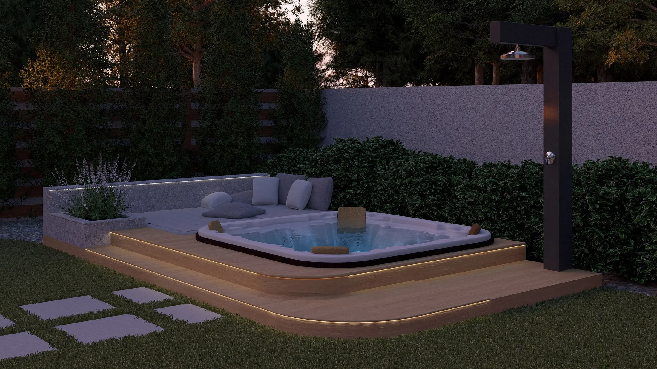 Hot tub deck in the evening with step lighting
