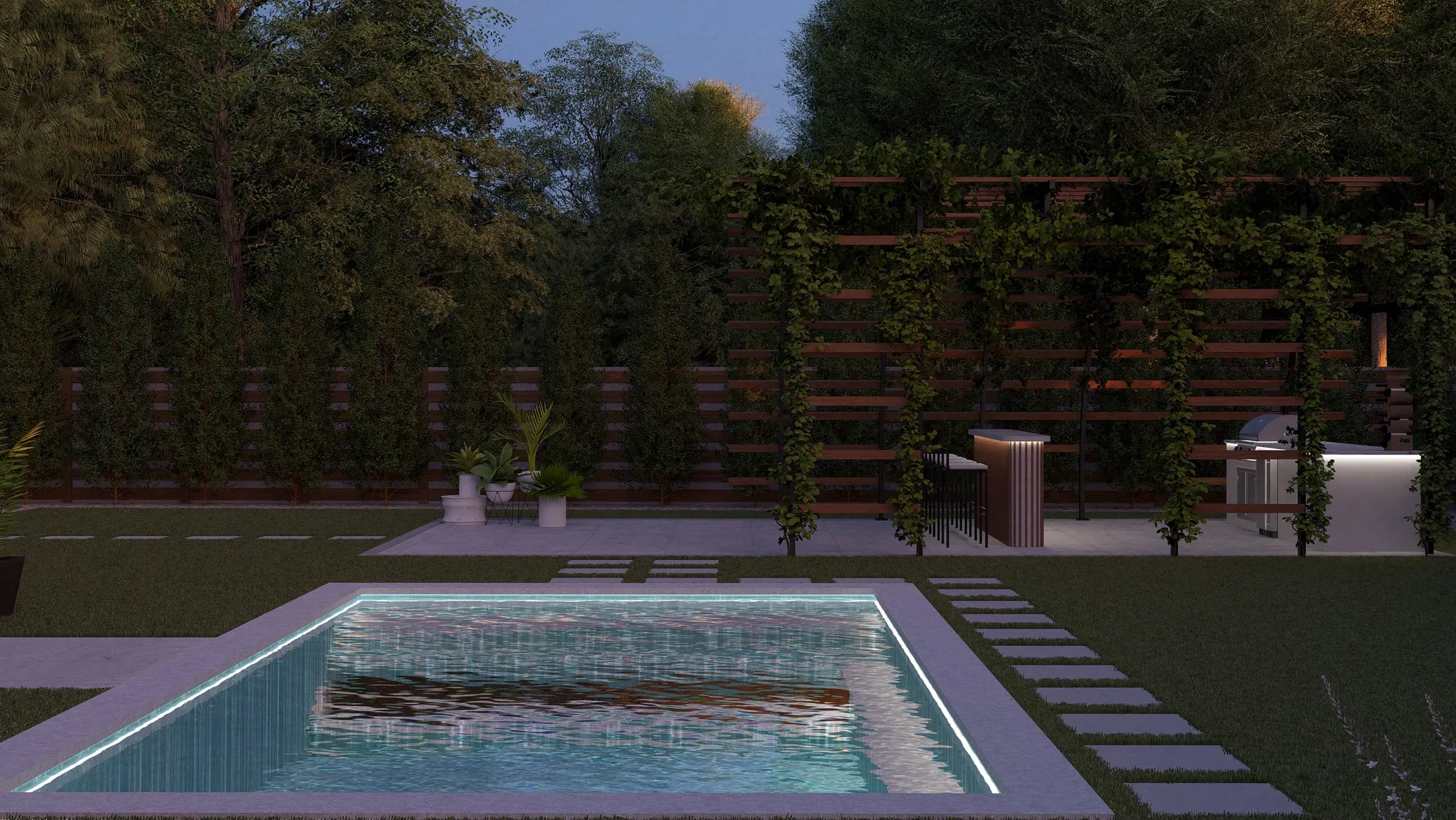 Illuminated pool in the evening