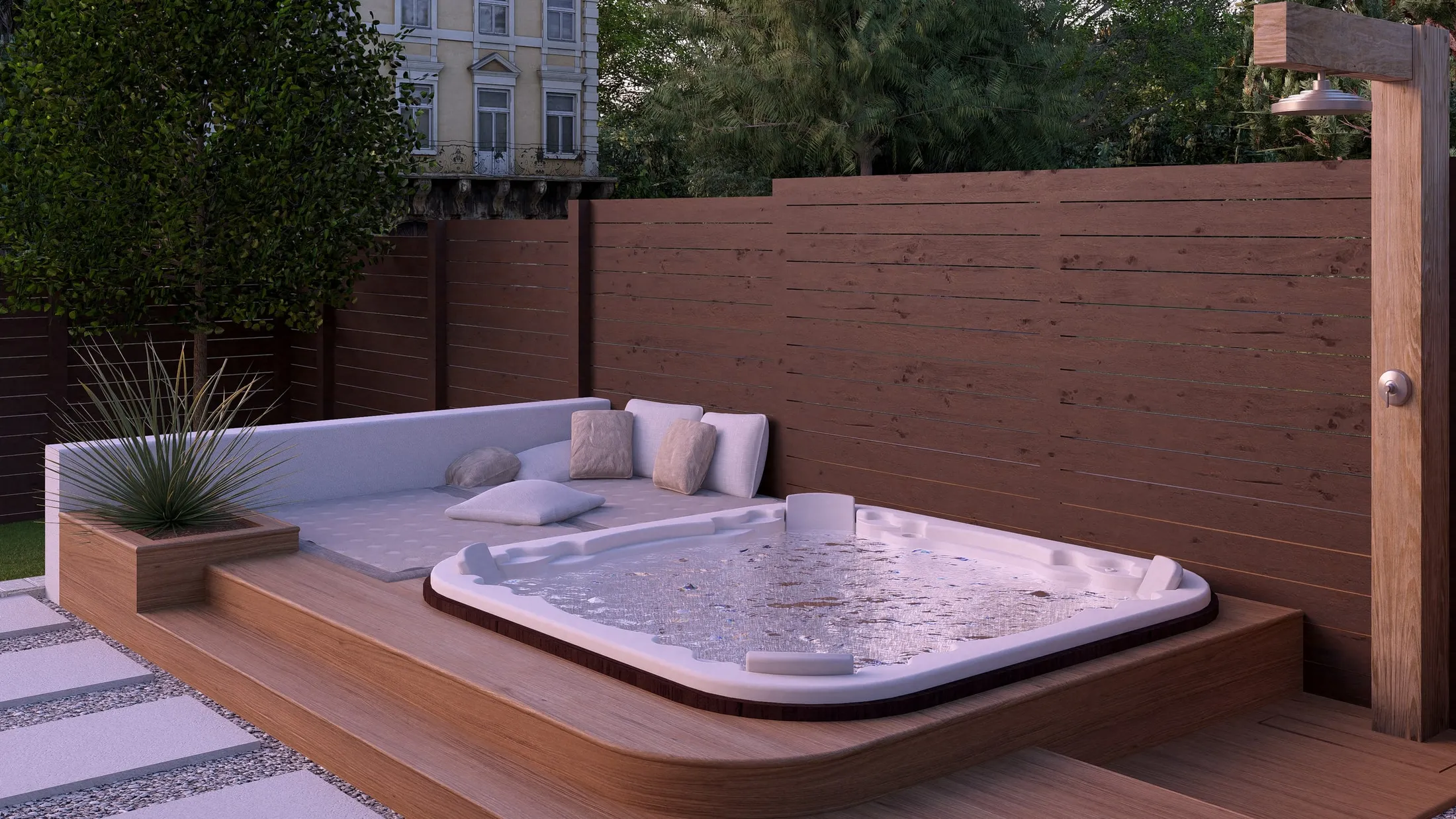 Hot tub deck at dusk