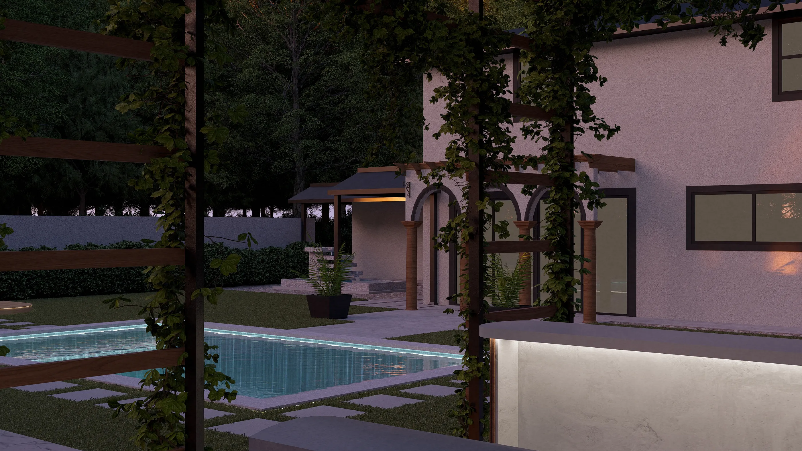 Evening render of a garden with pool, pergola with climbing plants and a house with arched windows